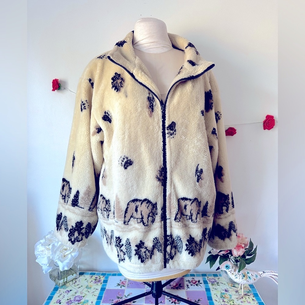 Sweet Vintage Glacier Gear Bear Paw Cream Black Teddy Jacket Coat L XL - Picture 5 of 6